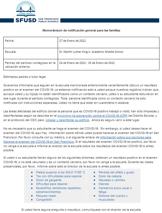 General Notification Memo For Families January 27 2022 Spanish