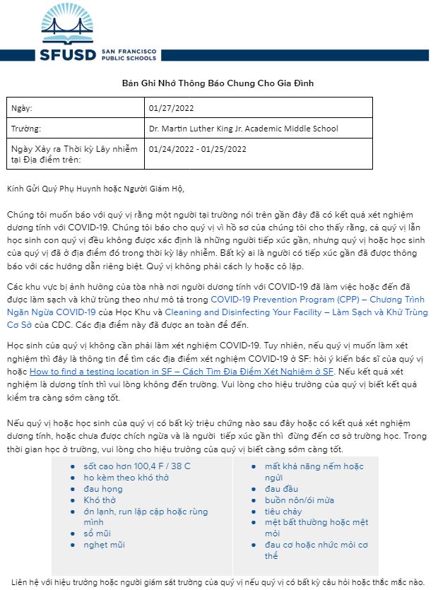 General Notification Memo For Families January 27 2022 Vietnamese