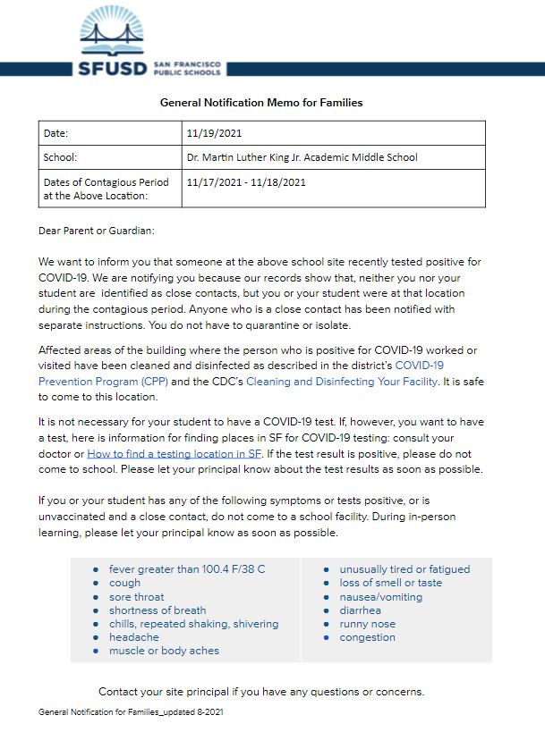 General Notification Memo For Families November 19 2021 English