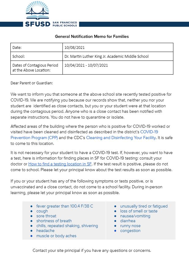 General Notification Memo For Families October 8 2021 English