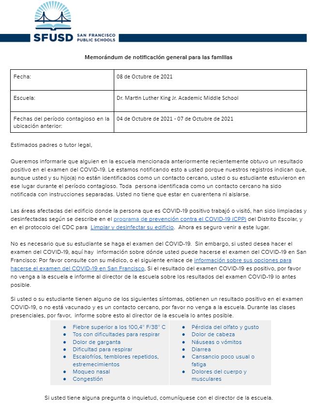 General Notification Memo For Families October 8 2021 Spanish