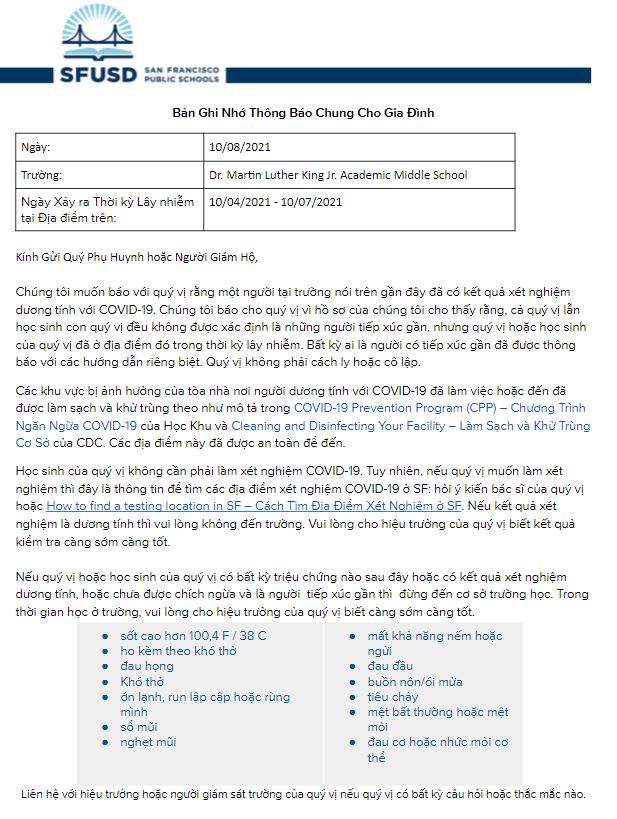 General Notification Memo For Families October 8 2021 Vietnamese