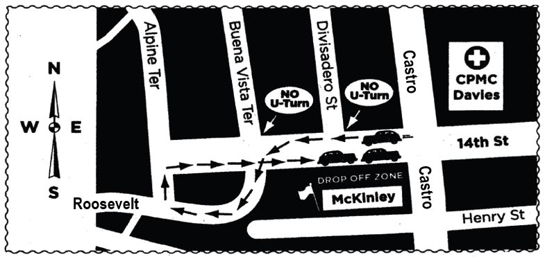 Map showing that cars must be driving East on 14th Street to use Stop, Drop & Roll
