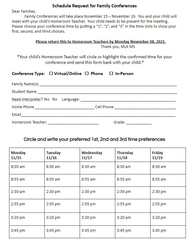 Student Led Conference Scheduling Sheet 2021 English