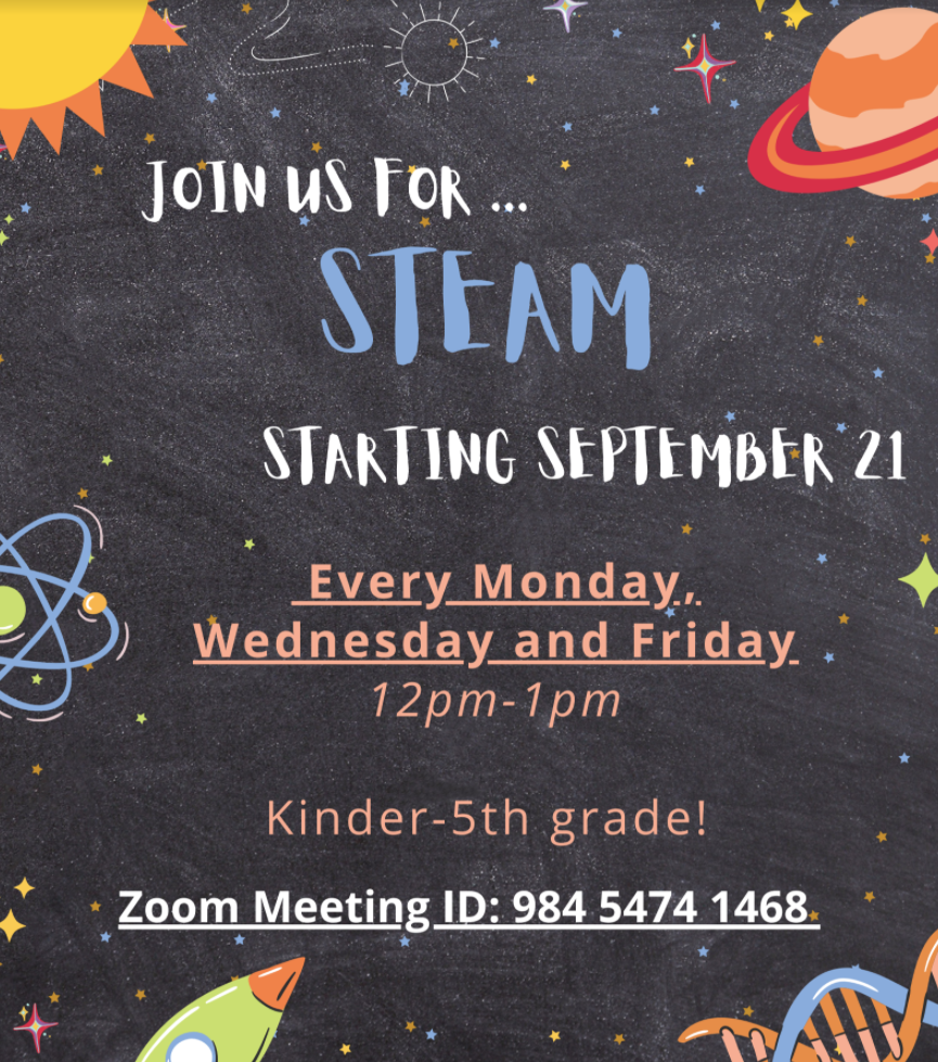 poster with planets and rockets with description of STEAM zoom classes
