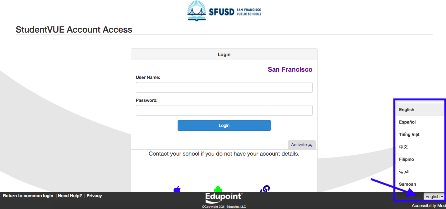 Screenshot of StudentVUE login anslation features 