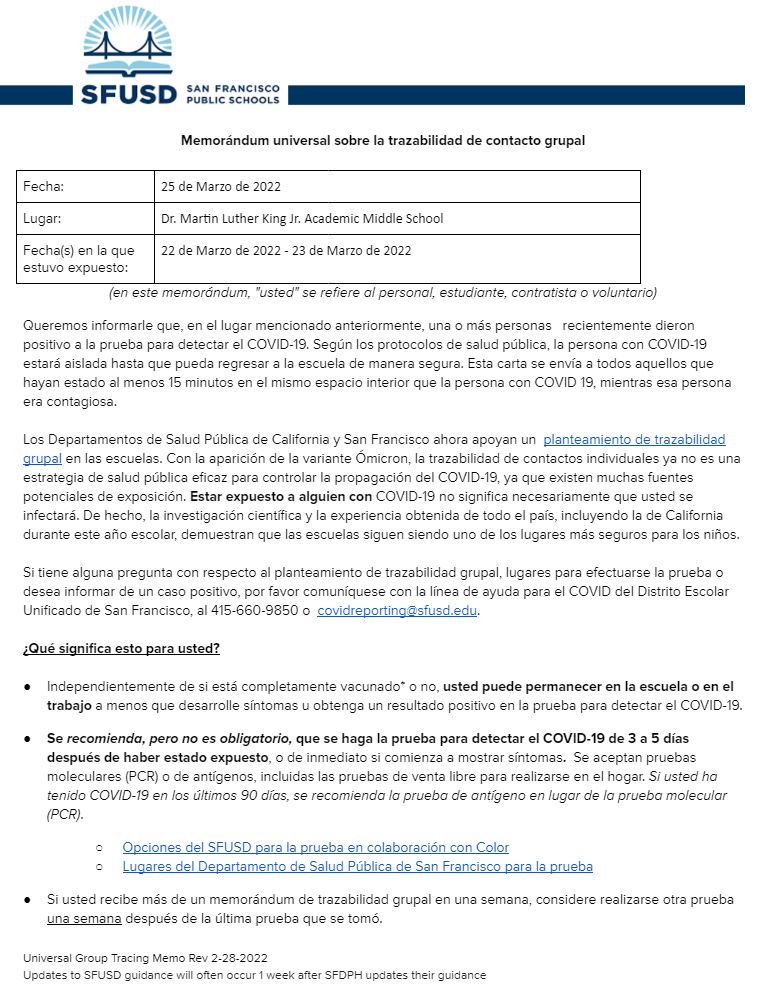 Universal GROUP CONTACT TRACING Memo March 25 2022 Spanish Page 1