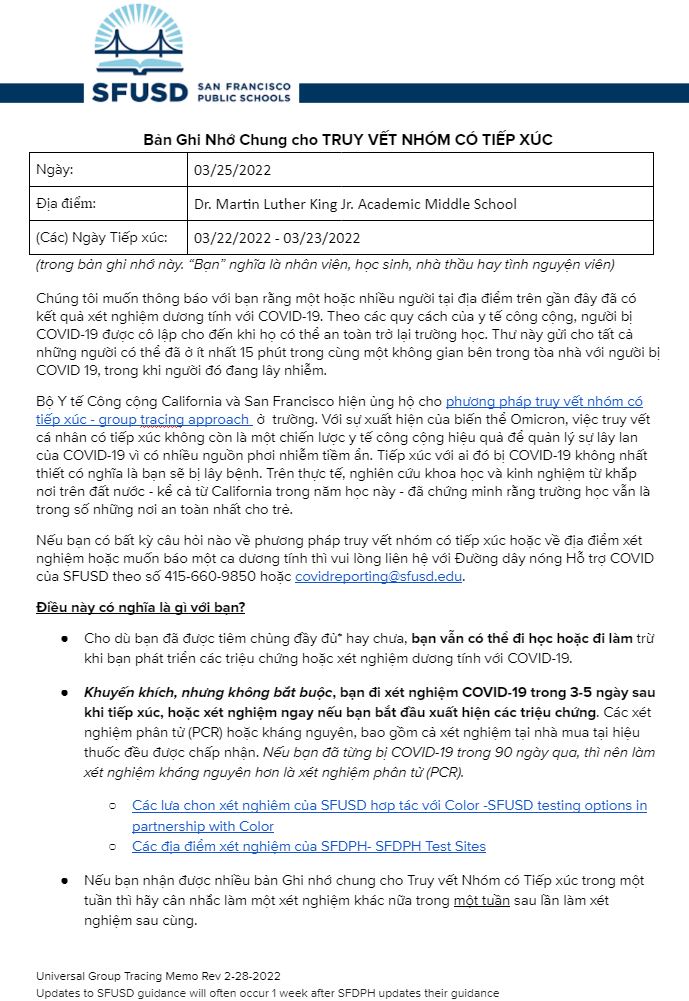 Universal GROUP CONTACT TRACING Memo March 25 2022 Vietnamese Page 1