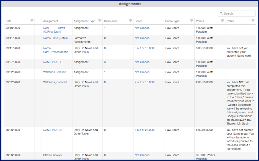 Gradebook assignments