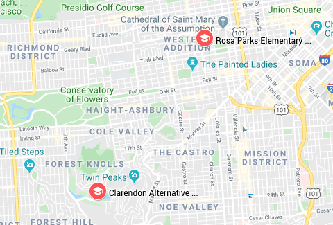 Map of SFUSD schools with Japanese K-5 Foreign Language in Elementary School Programs