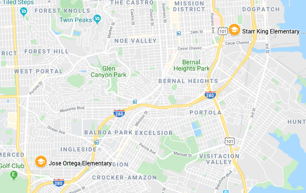Map of SFUSD schools with Mandarin K-5 Dual Language Programs