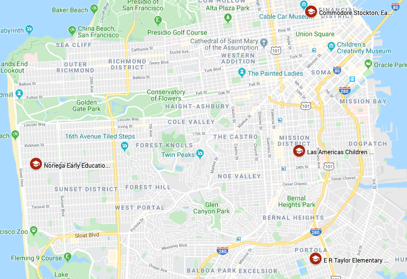 Map of SFUSD schools with Cantones Pre-K Dual Language Programs
