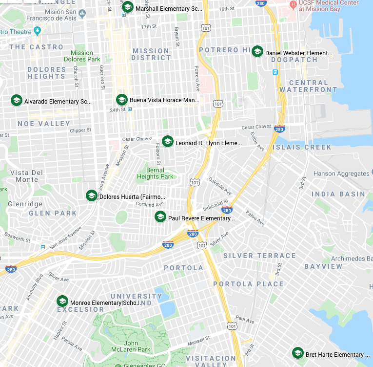 Map of SFUSD schools with Spanish K-5 Dual Language Programs