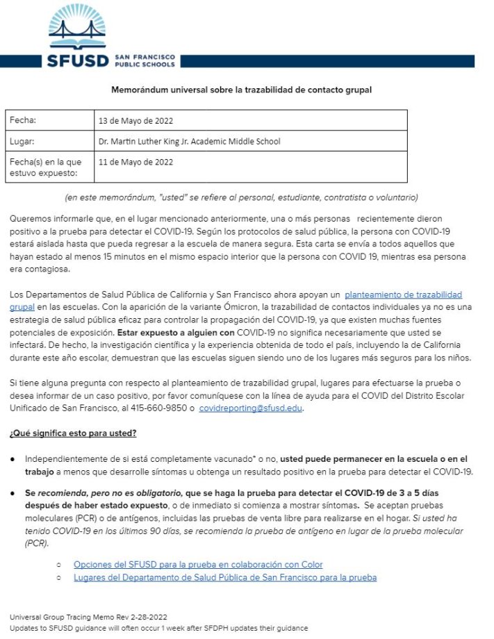 Universal GROUP CONTACT TRACING Memo May 13 2022 Spanish Page 1