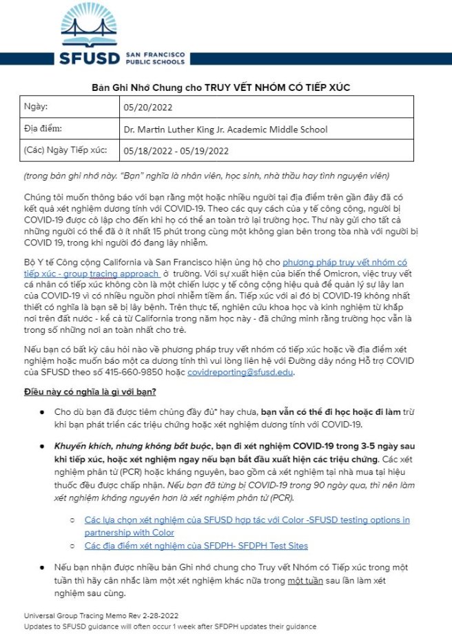 Universal GROUP CONTACT TRACING Memo May 20 2022 Vietnamese Page 1