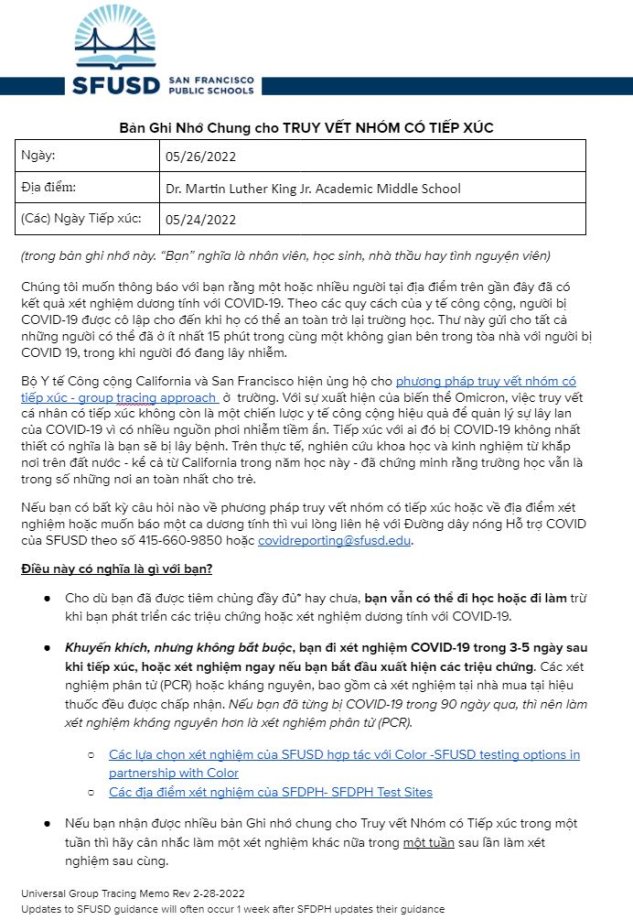 Universal GROUP CONTACT TRACING Memo May 26 2022 Vietnamese Page 1