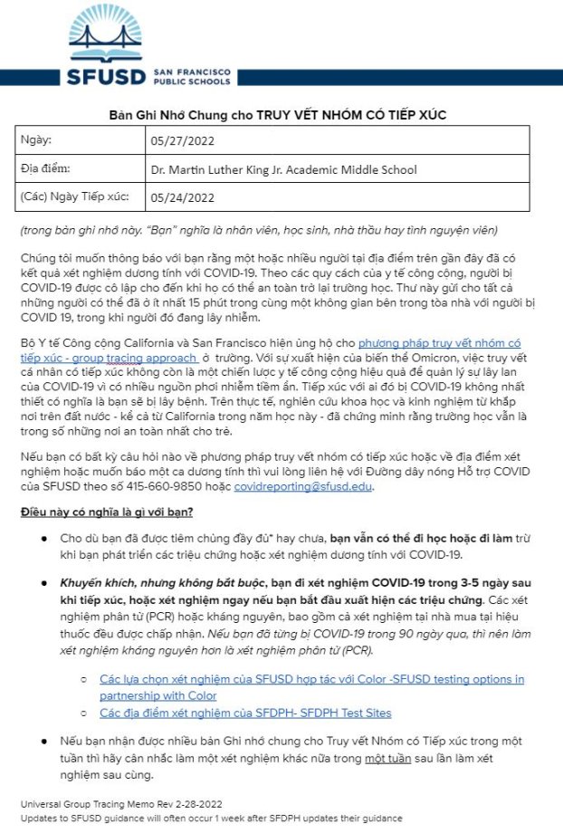 Universal GROUP CONTACT TRACING Memo May 27 2022 Vietnamese Page 1
