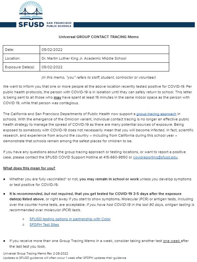 Universal Group Contact Tracing Memo Page 1 for May 02 2022 English