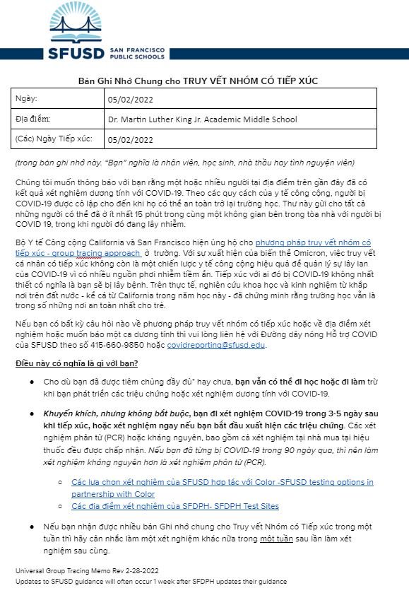 Universal Group Contact Tracing Memo Page 1 for May 02 2022 Vietnamese