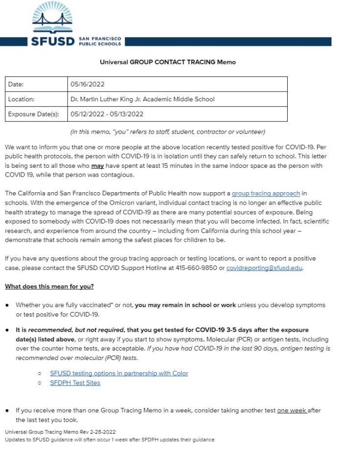 Universal Group Contact Tracing Memo Page 1 for May 16 2022 English