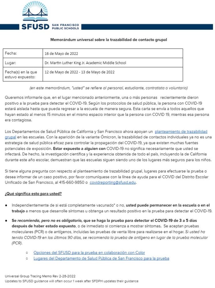 Universal Group Contact Tracing Memo Page 1 for May 16 2022 Spanish