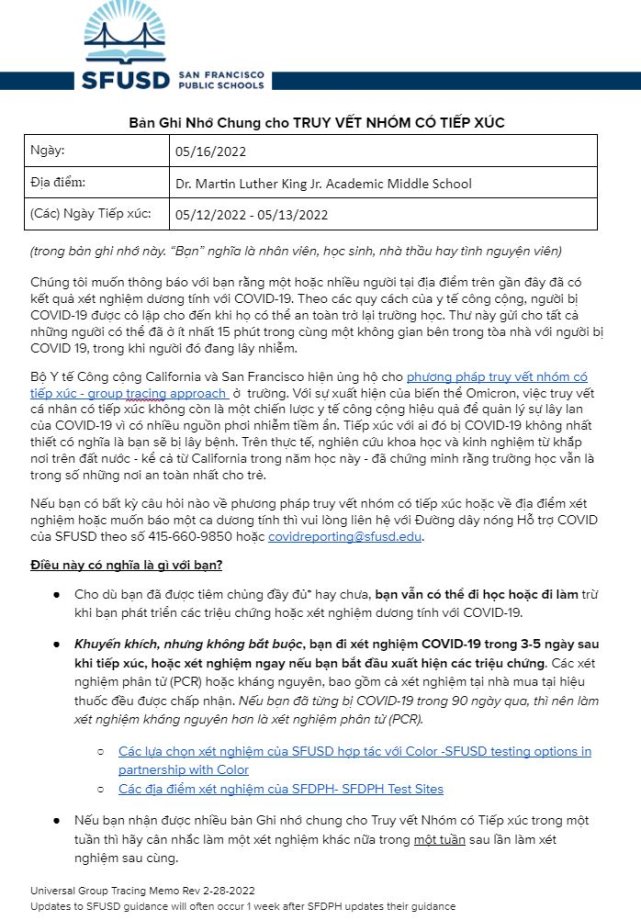 Universal Group Contact Tracing Memo Page 1 for May 16 2022 Vietnamese