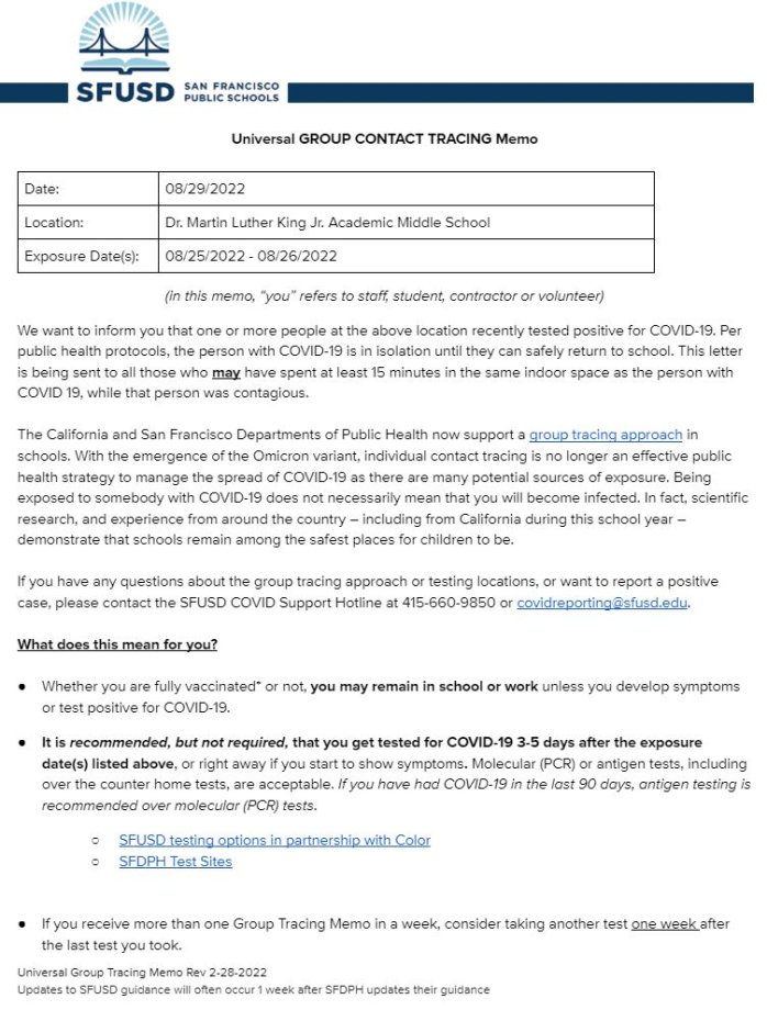General Notification Memo For Families August 29 2022 English