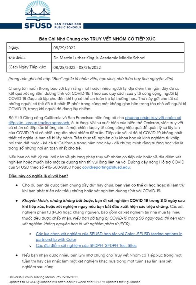 General Notification Memo For Families August 29 2022 Vietnamese
