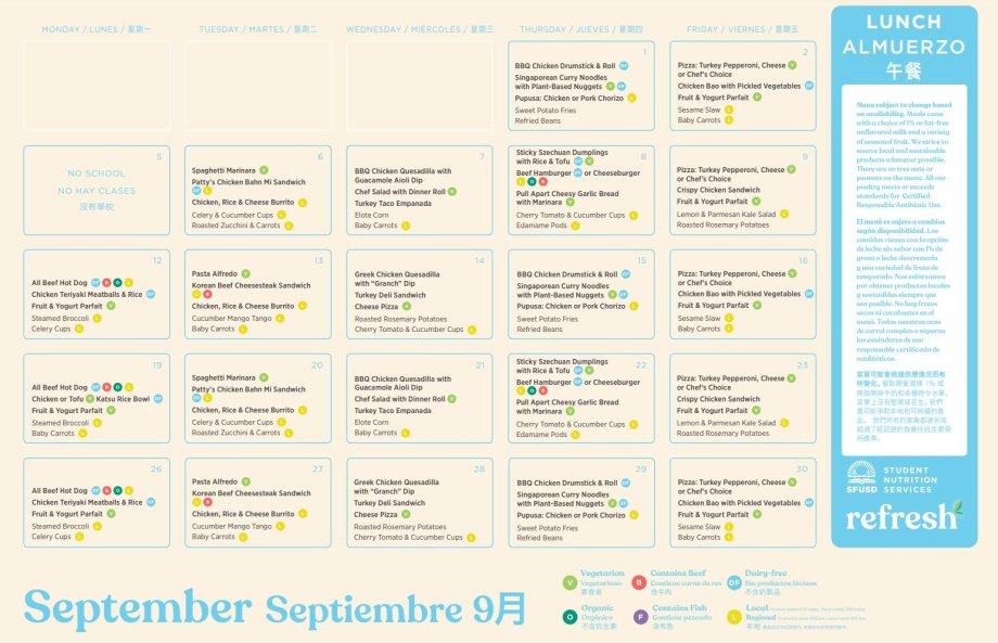 MLK September Lunch Menu