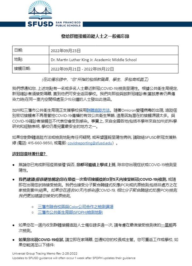 General Notification Memo for Families September 23 2022 Chinese