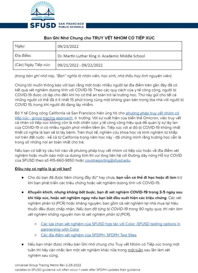 General Notification Memo for Families September 23 2022 Vietnamese