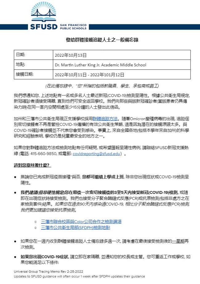 General Notification Memo for Families October 13 2022 Chinese for MLK MS
