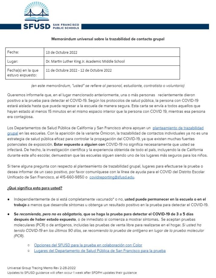 General Notification Memo for Families October 13 2022 Spanish for MLK MS