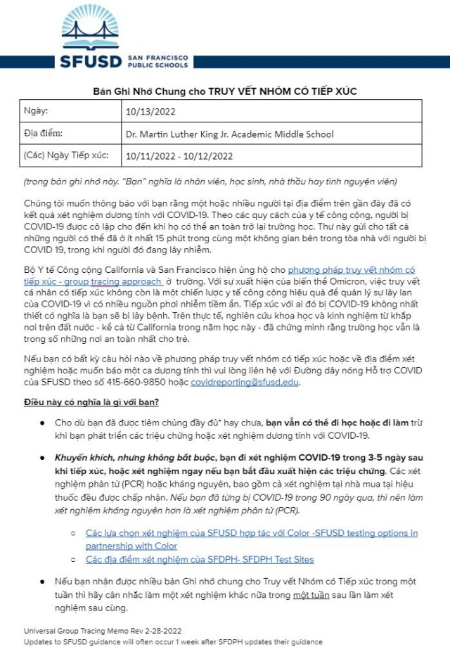 General Notification Memo for Families October 13 2022 Vietnamese for MLK MS