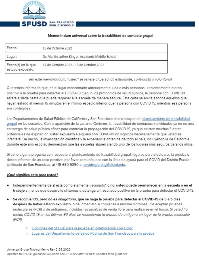 General Notification Memo for Families October 18 2022 Spanish