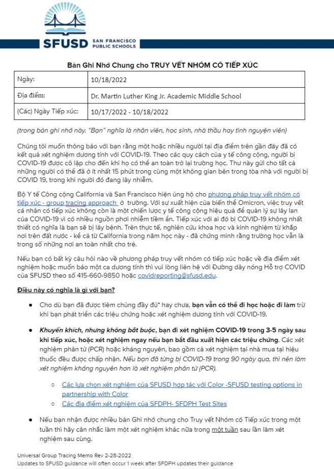 General Notification Memo for Families October 18 2022 Vietnamese