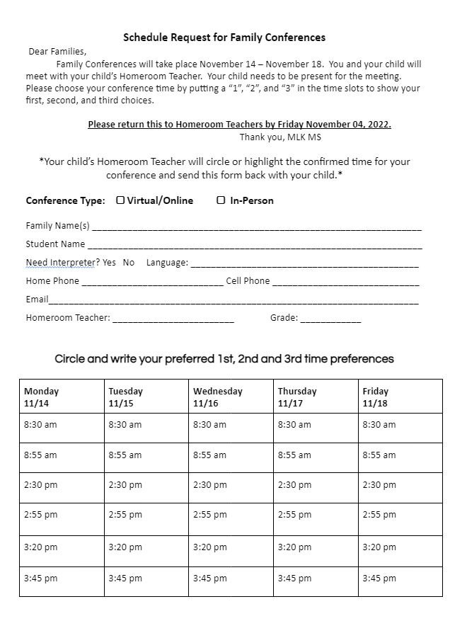 MLK Student Led Conference Schedule Sheet Fall 2022 English