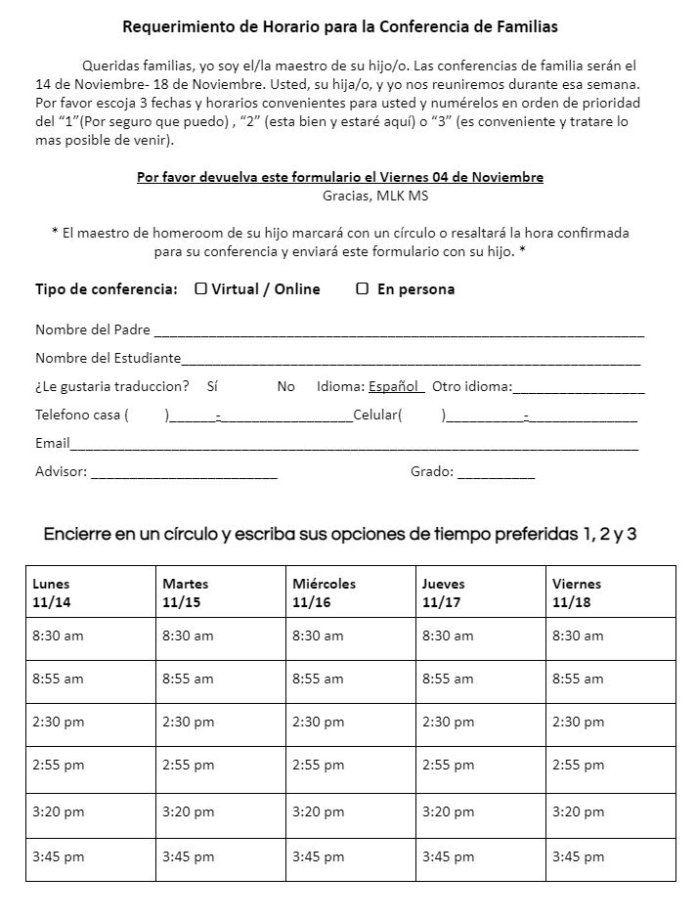 MLK Student Led Conference Schedule Sheet Fall 2022 Spanish