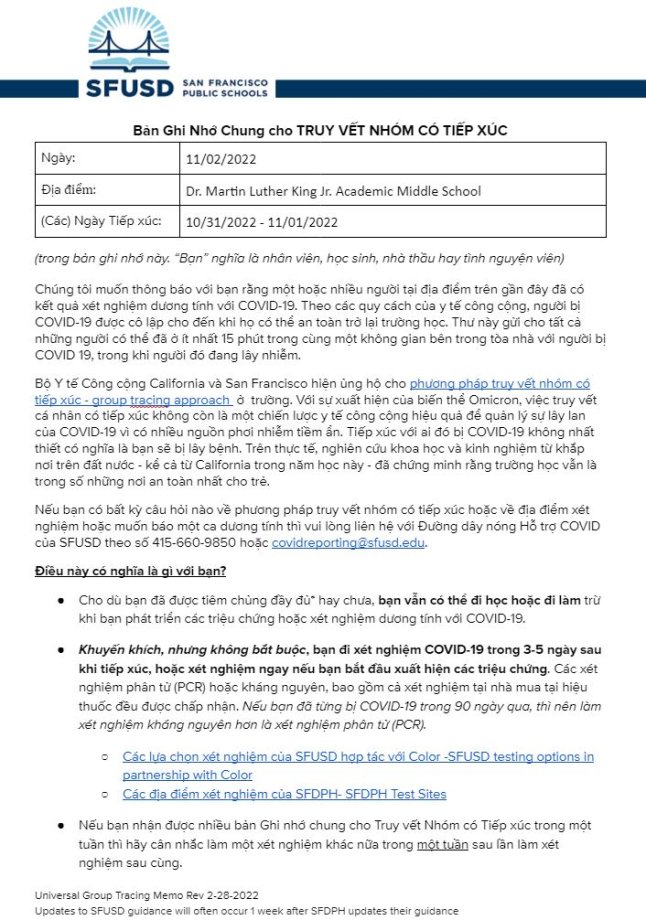 General Notification Memo for Families November 02 2022 Vietnamese