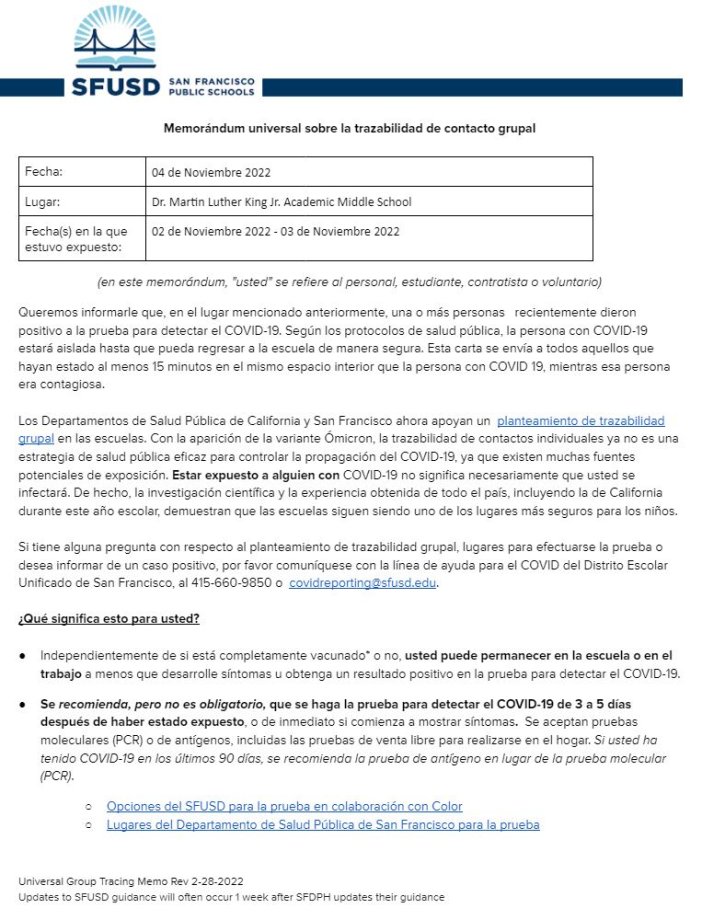 General Notification Memo for Families November 04 2022 Spanish
