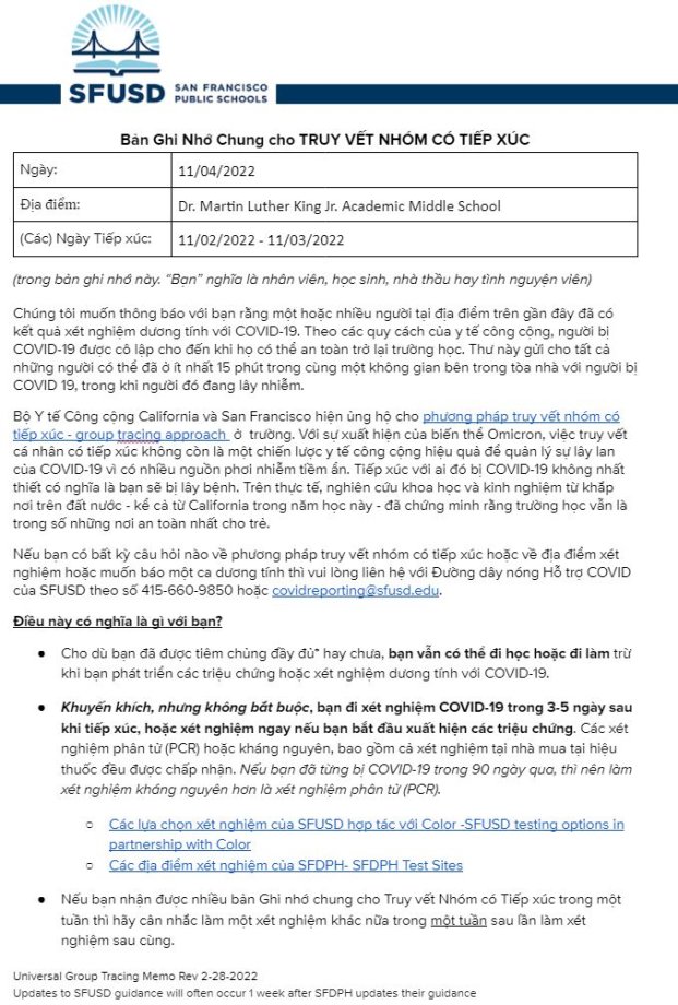 General Notification Memo for Families November 04 2022 Vietnamese