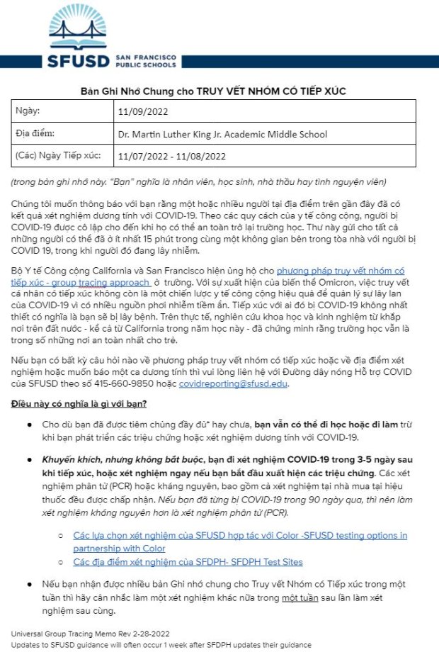 General Notification Memo for Families November 09 2022 Vietnamese