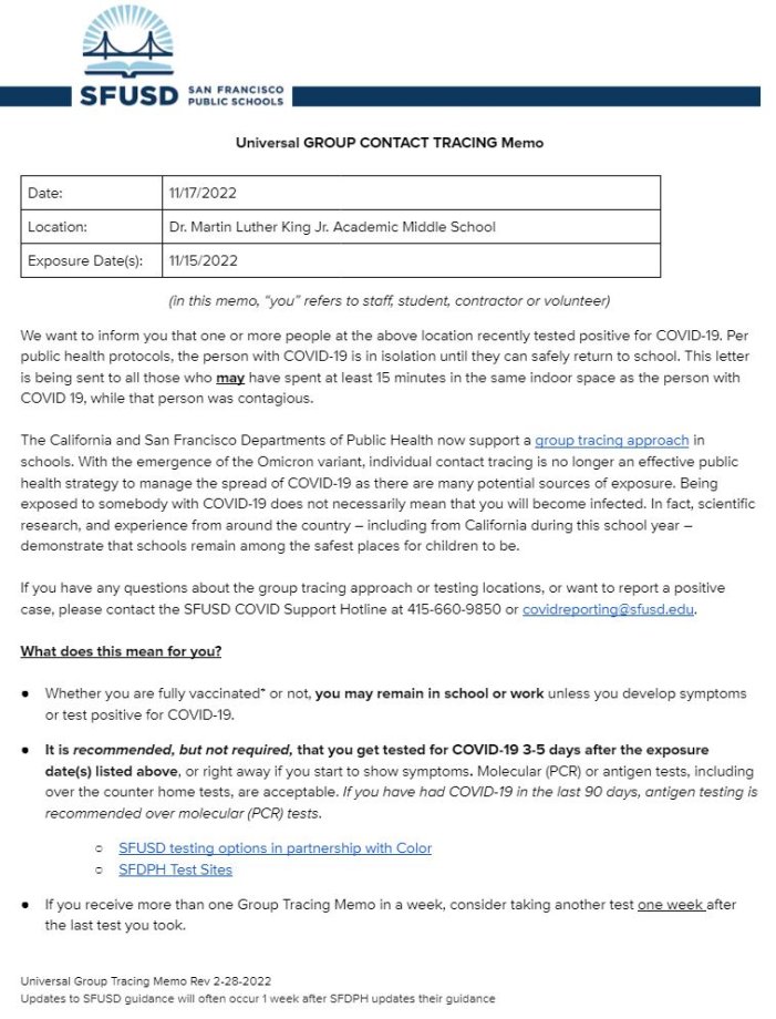 General Notification Memo for Families November 17 2022 English