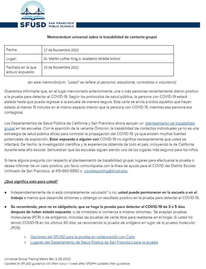 General Notification Memo for Families November 17 2022 Spanish