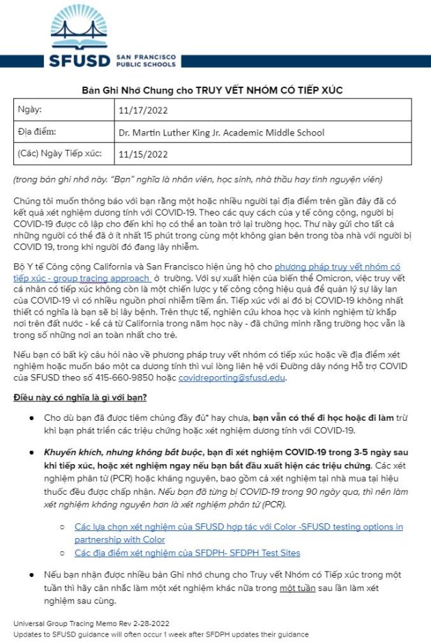 General Notification Memo for Families November 17 2022 Vietnamese