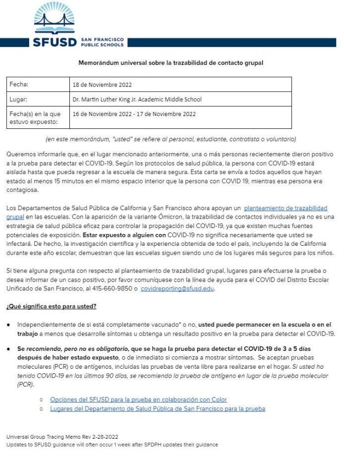 General Notification Memo for Families November 18 2022 Spanish