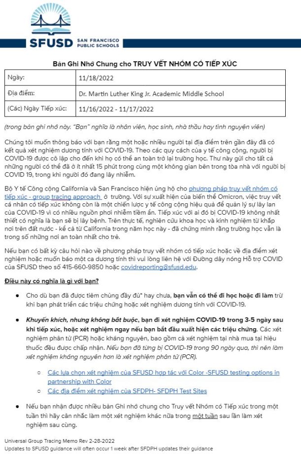 General Notification Memo for Families November 18 2022 Vietnamese