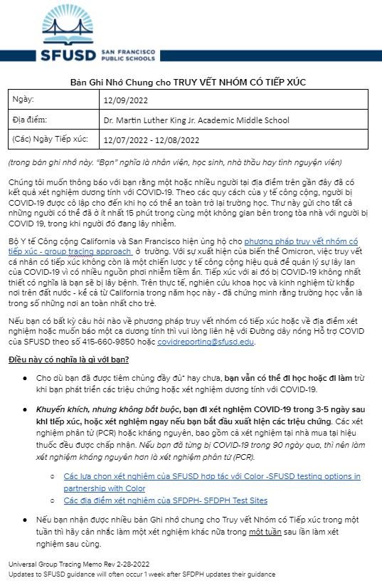 Universal GROUP CONTACT TRACING Memo December 09 2022 Vietnamese