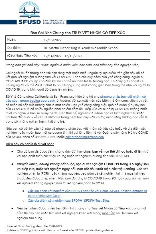 Universal GROUP CONTACT TRACING Memo December 16 2022 Vietnamese