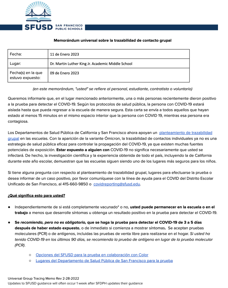 Universal GROUP CONTACT TRACING Memo January 11 2023 Spanish 